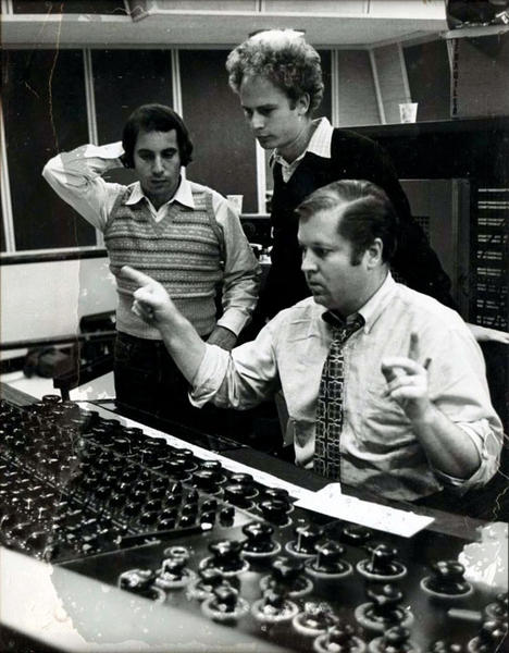 Roy Halee with Paul Simon and Art Garfunkel in the control room of Columbia's New York studio